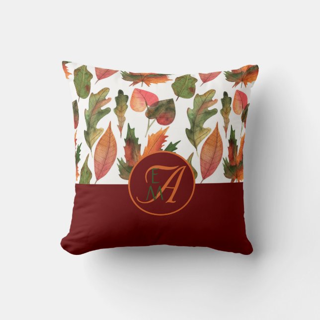 Monogrammad Höst löv Burgundy Autumn Decor Kudde (Framsida)