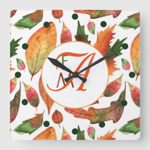 Monogrammad Höst löv Fall Orange Grönt Decor Fyrkantig Klocka
