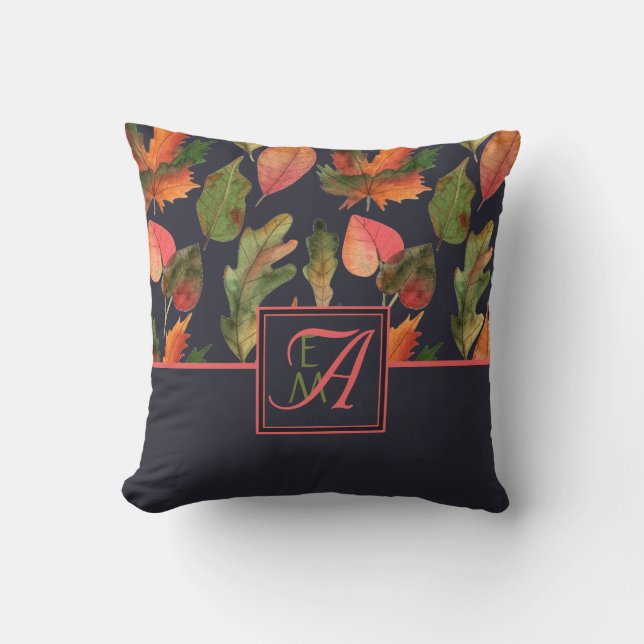 Monogrammad Höst löv Navy Blue Rosa Decor Kudde (Framsida)