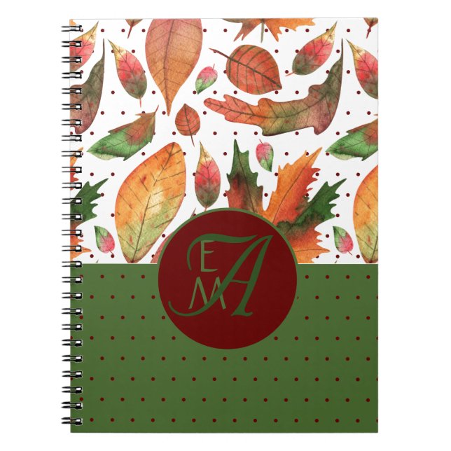 Monogrammad Höst löv röd Grönt för hösten Anteckningsbok (Framsidan)