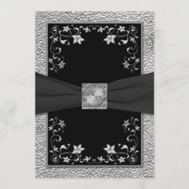 Monogrammad inbjudan till Black and Pewter Blommig