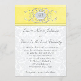 Monogrammad inbjudan till gult och Grått Damask
