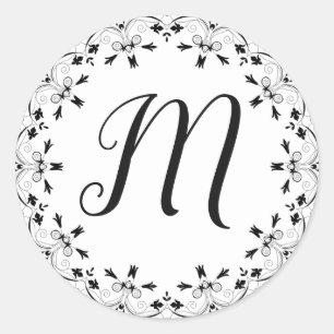 Monogrammad Initial Black and White Brev-fästare Runt Klistermärke