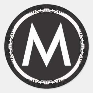 Monogrammad Initial Black and White Brev-fästare Runt Klistermärke