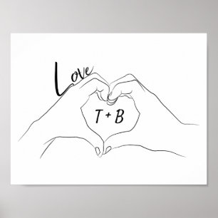 Monogrammad Initialer Kärlek Heart Line Art Teckni Poster