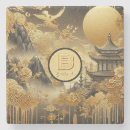 Monogrammad kinesisk målningsfaux Golden Dripping Stenunderlägg