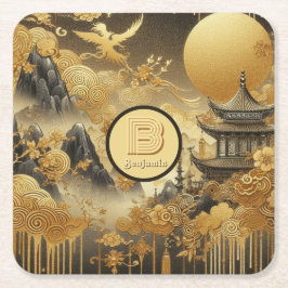 Monogrammad kinesisk målningsfaux Golden Dripping Underlägg Papper Kvadrat