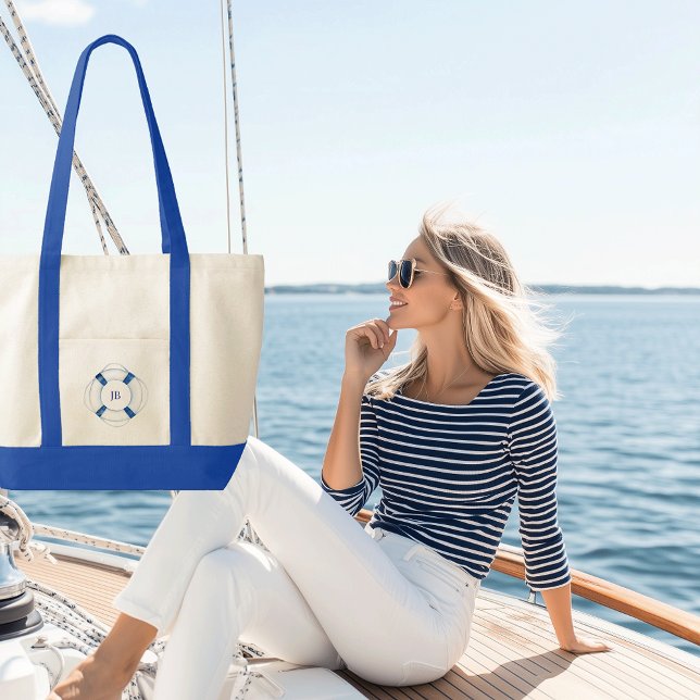 Monogrammad kontrast för segling Boat Life Ring Tygkasse (life ring monogrammed canvas boat tote)