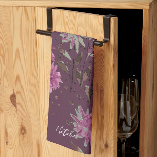 Monogrammad land Modern Lila Blommigt  Kökshandduk (Thirds Fold)