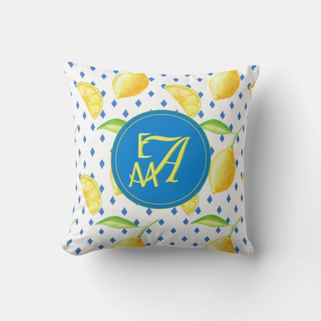 Monogrammad Lemon Träd Royal Blue Home Decor Kudde (Framsida)