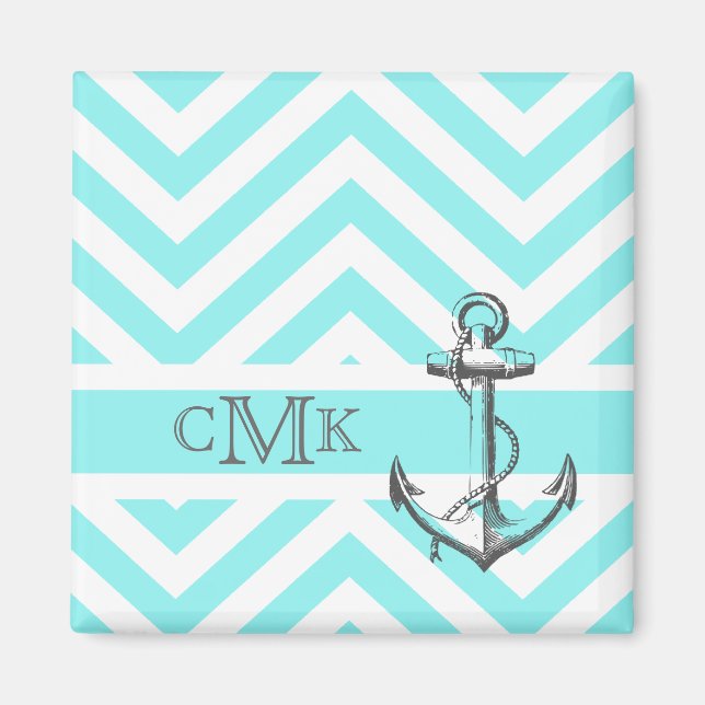 Monogrammad Light Blue Grått Anchor Magnet (Framsidan)