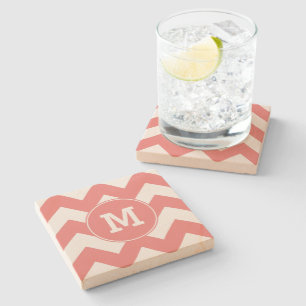 Monogrammad Light Coral Zigzag Mönster Underlägg Sten