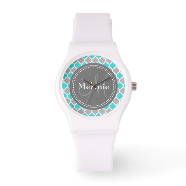 Monogrammad Light Teal & Grått Chevron Mönster Armbandsur (Framsida)