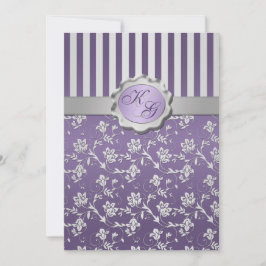 Monogrammad Lila, Grått Blommigt Stripe-inbjudan Inbjudningar