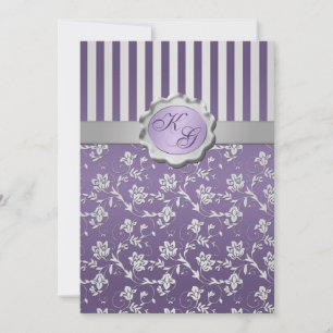Monogrammad Lila, Grått Blommigt Stripe-inbjudan Inbjudningar