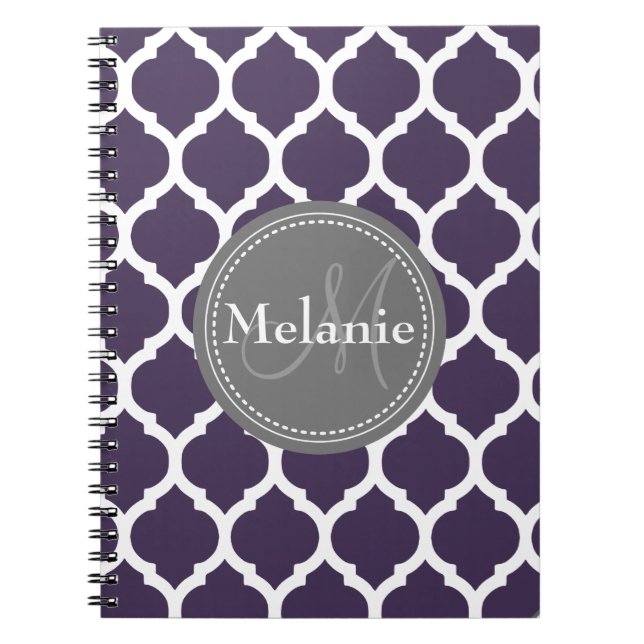 Monogrammad Lila & Grått Quatrefoil Anteckningsbok (Framsidan)