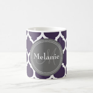 Monogrammad Lila & Grått Quatrefoil Kaffemugg