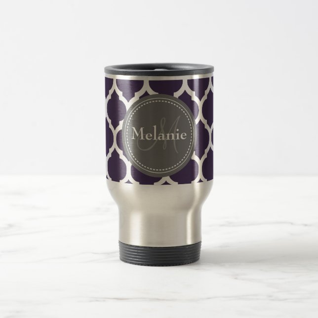 Monogrammad Lila & Grått Quatrefoil Resemugg (Center)
