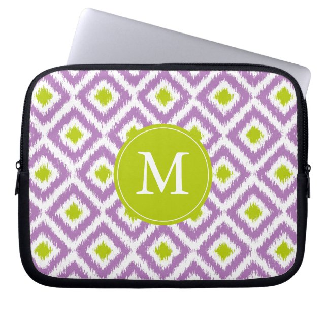 Monogrammad Lila Grönt Diamond Ikat Mönster Laptop Sleeve (Framsidan)