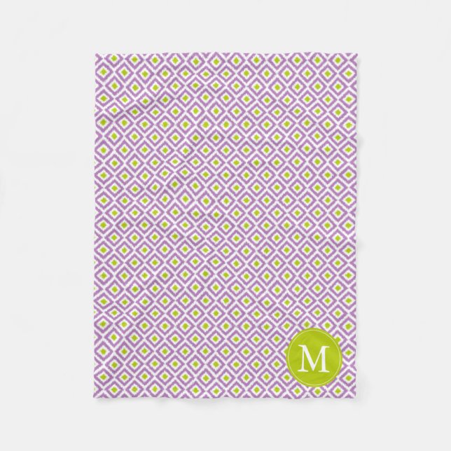 Monogrammad Lila Grönt Diamonds Ikat Mönster Fleecefilt (Framsidan)