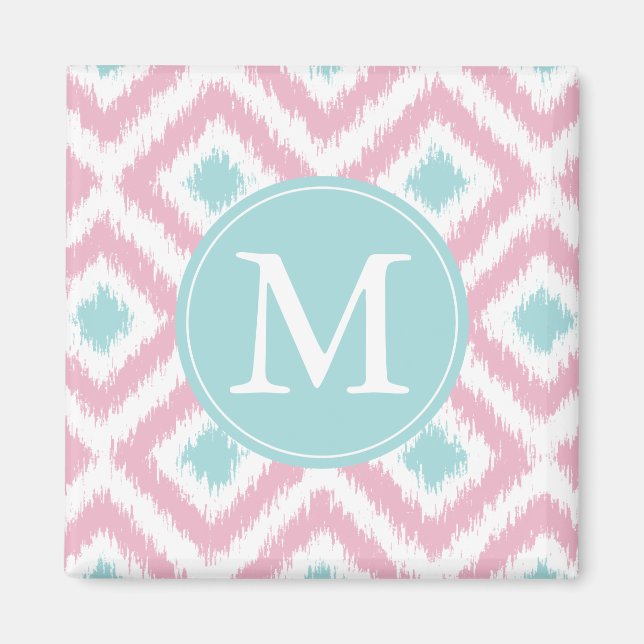 Monogrammad Ljus rosa Mint Diamonds Ikat Mönster Magnet (Framsidan)
