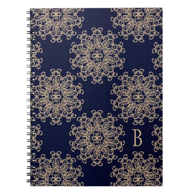 Monogrammad marinblått och Guld bärbar dator Journ Anteckningsbok Med Spiral (Framsidan)