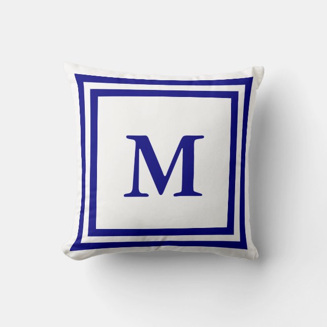 Monogrammad marinblått och vitt kudde (Framsida)