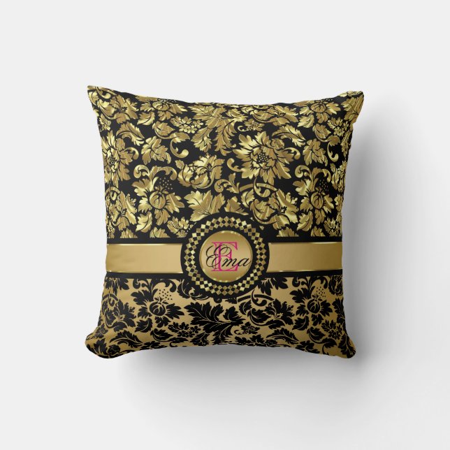 Monogrammad Metallic Guld Damask Kudde (Framsida)