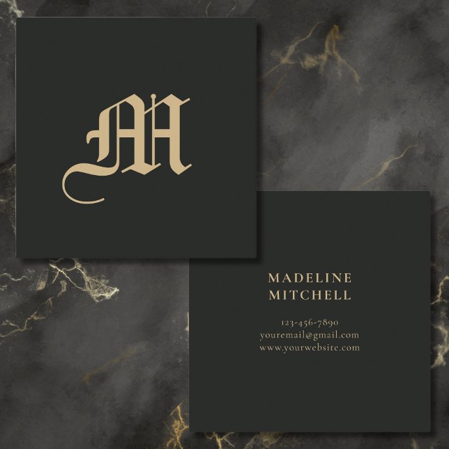Monogrammad Minimal Elegant Ornate Black Guld Fyrkantigt Visitkort (Skapare uppladdad)