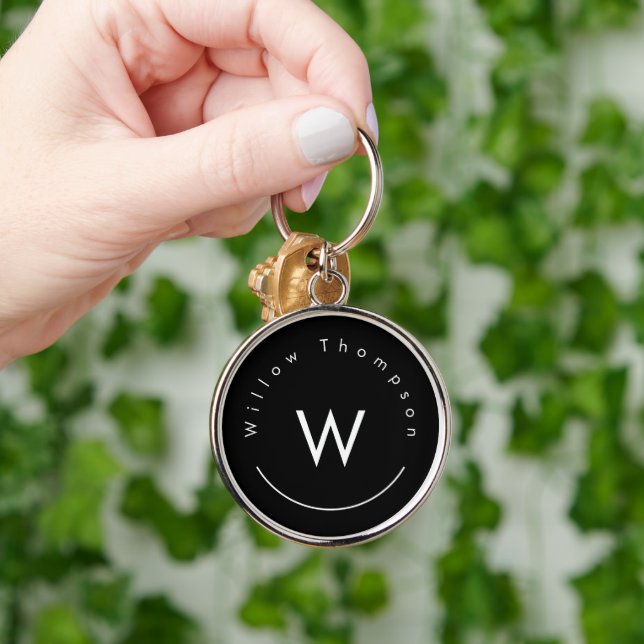 Monogrammad, minimalistisk, modern, svart rund silverfärgad nyckelring (Hand)