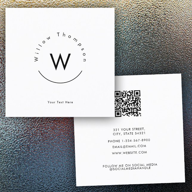 Monogrammad, minimalistisk, modern, vit QR-kod Fyrkantigt Visitkort (Monogrammed Minimalistic Modern White QR Code Square Business Card)