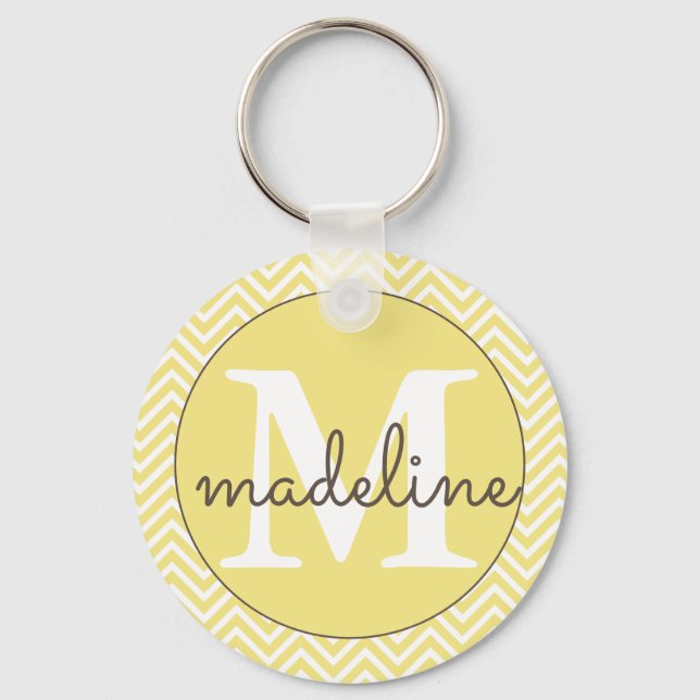 Monogrammad Modern Gult/White Chevron Keychain Nyckelring (Framsida)