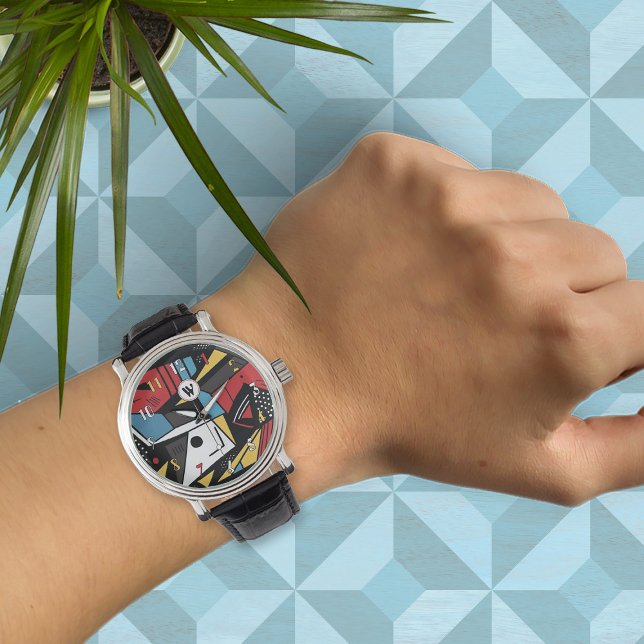 Monogrammad Modern Red & Black Geometric Abstrakt Armbandsur (Skapare uppladdad)