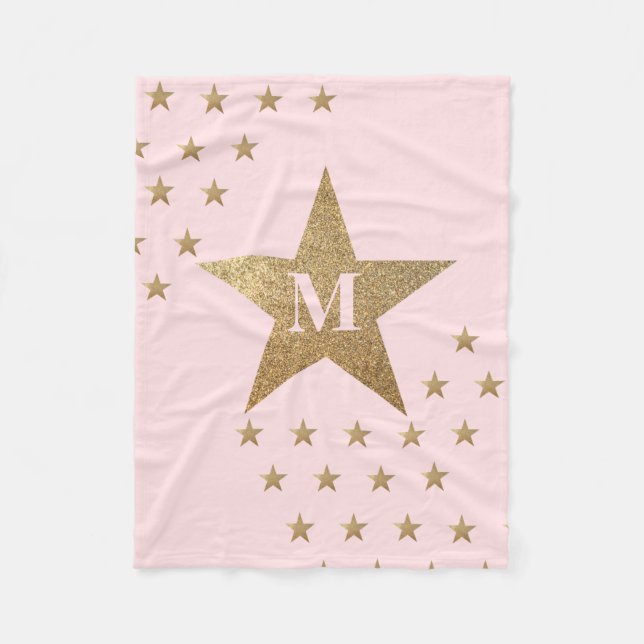 Monogrammad Modern Soft Rosa och Guld Stars Fleecefilt (Framsidan)