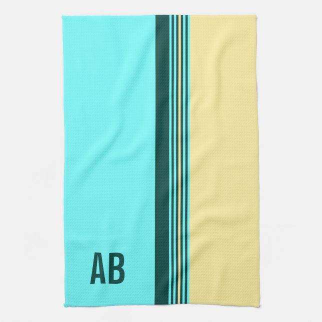 Monogrammad Mörk grönt Gult Blue Rand Kökshandduk (Vertikal)