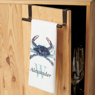 Monogrammad Nautical Navy Blue Grått Teal Crab Kökshandduk
