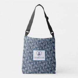 Monogrammad Navy Blue and White Blommigt Toit Bag Axelväska