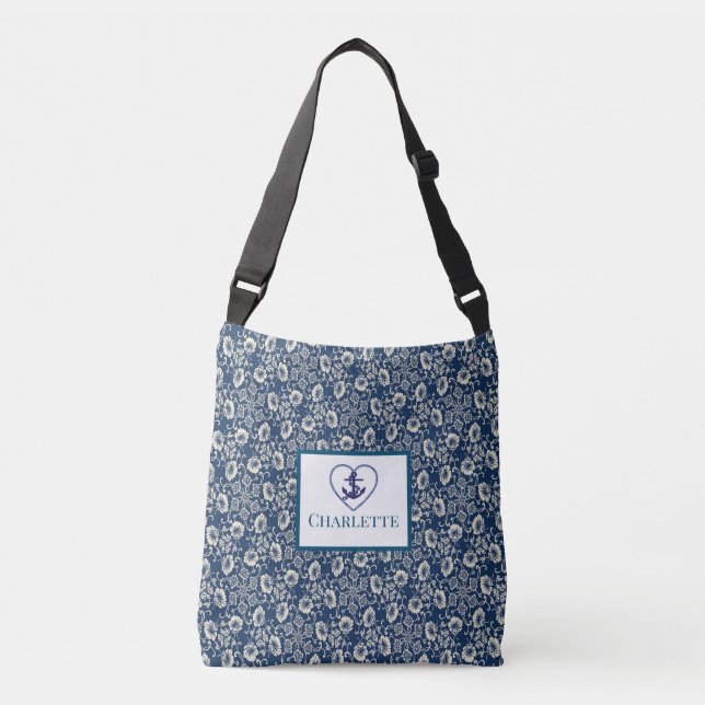 Monogrammad Navy Blue and White Blommigt Toit Bag Axelväska (Framsida)