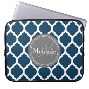 Monogrammad Navy Blue & Grått Quatrefoil Laptop Sleeve
