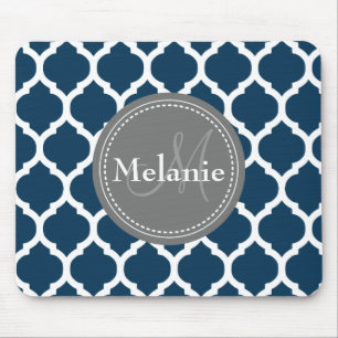 Monogrammad Navy Blue & Grått Quatrefoil Musmatta