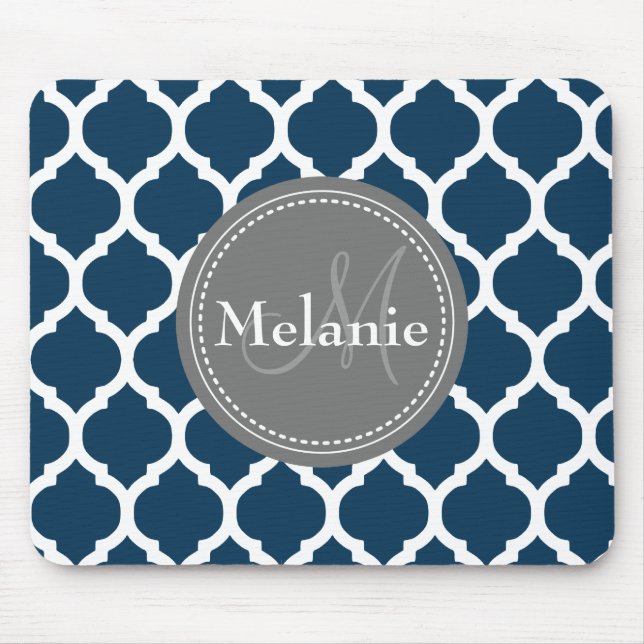 Monogrammad Navy Blue & Grått Quatrefoil Musmatta (Framsidan)