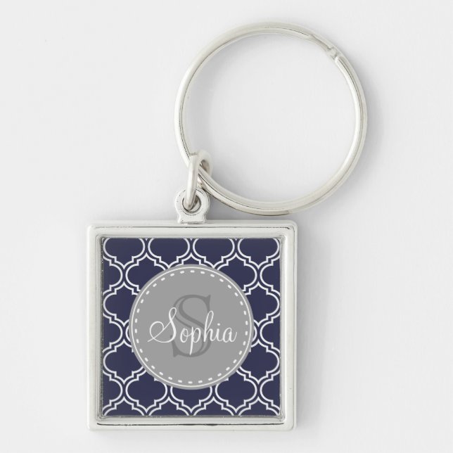 Monogrammad Navy Blue Lattice Mönster Fyrkantig Silverfärgad Nyckelring (Framsidan)