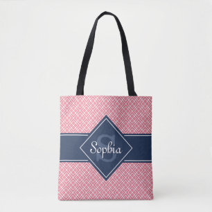 Monogrammad Navy Blue och Rosa Diamond Mönster Tygkasse
