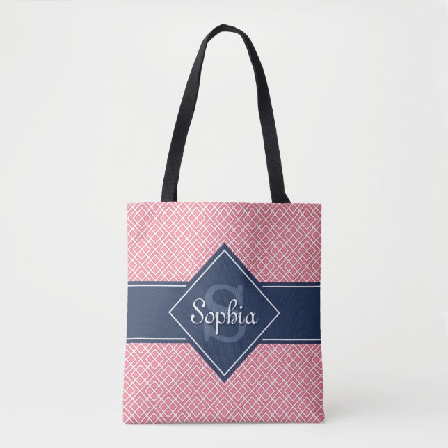 Monogrammad Navy Blue och Rosa Diamond Mönster Tygkasse (Framsida)