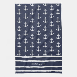 Monogrammad Navy Blue White Anchor Nautical Kökshandduk