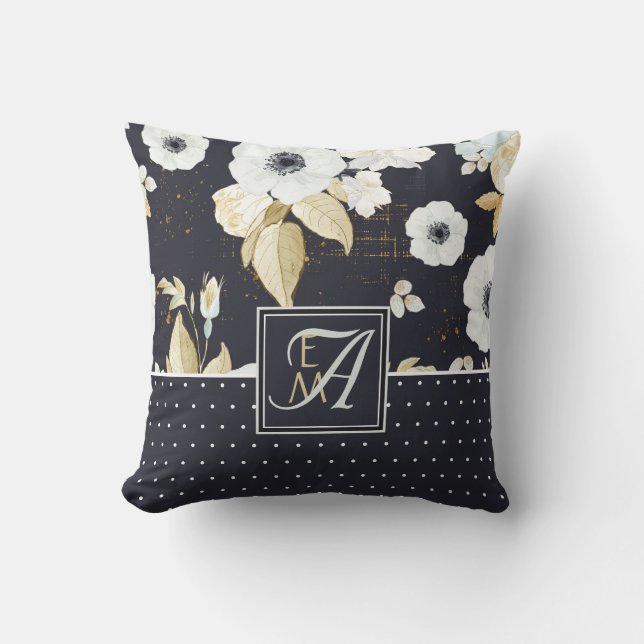Monogrammad Navy Blue White ANEMONE Blommigt Decor Kudde (Framsida)