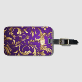 Monogrammad om lila och Guld Demask Bagagebricka