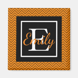 Monogrammad Orange & Black Chevron Mönster Magnet