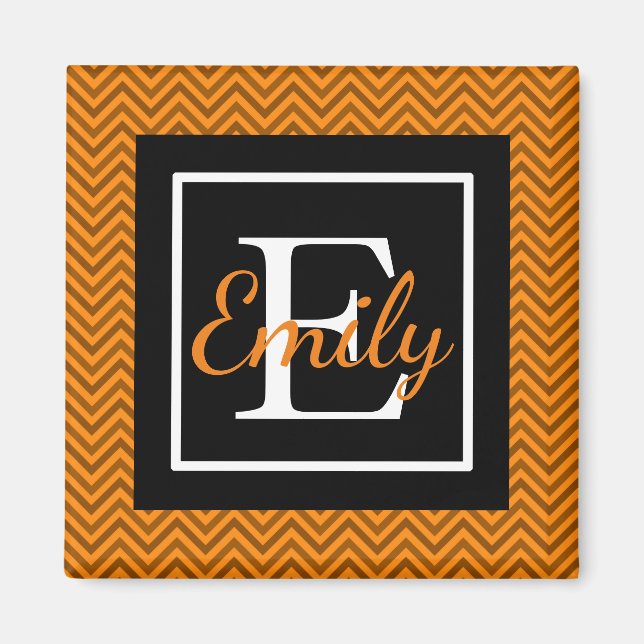 Monogrammad Orange & Black Chevron Mönster Magnet (Framsidan)