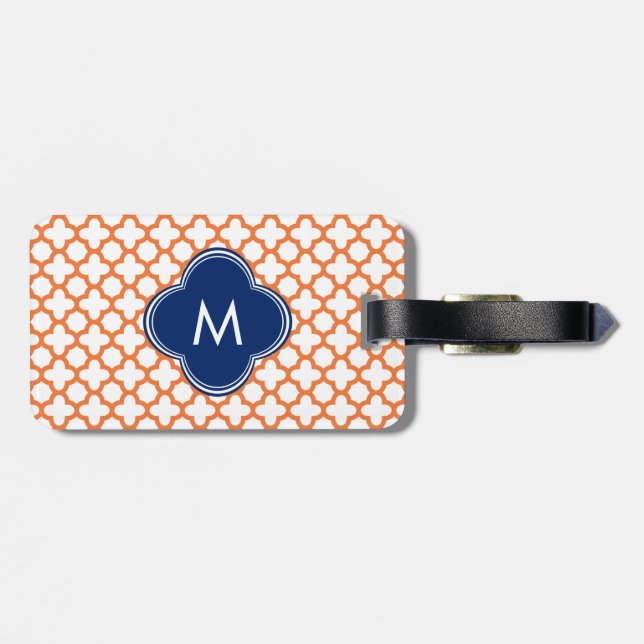 Monogrammad Orange och Royal Blue Quatrefoil Bagagebricka (Baksida Vågrät)